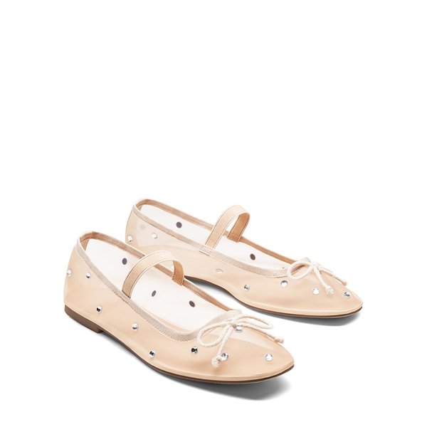 Sheer Mesh Rhinestones Ballet Flats - CREAM - 3